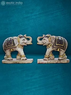 24” Pair Of White Elephants | Rajnagar White Marble | Handmade Statue