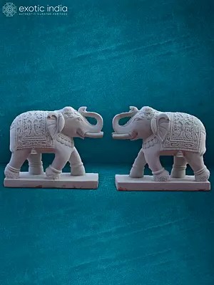 31” Pair Of White Elephants | Handmade Statue | Rajnagar White marble