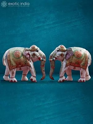 15” Pair Of White Elephant | Handmade Statue | White Makrana Marble