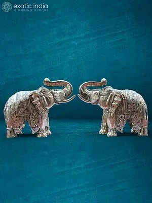 21” Pair Of Silver Elephant In Wooden & Silver Metal | Handmade Statue