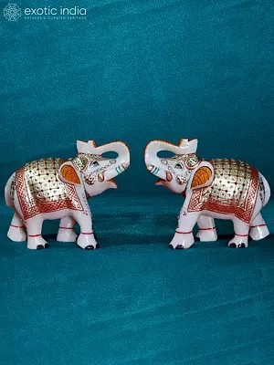 5” Meenakari Elephant In White marble | Handmade Statue | Marble Statue