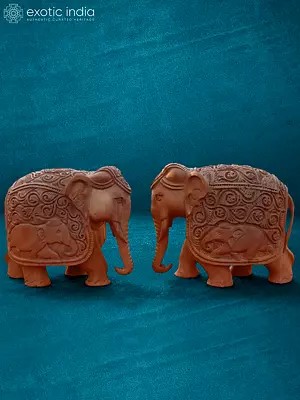 6” Pair Of Elephant In Wood | Wooden | Handmade Elephant Statue