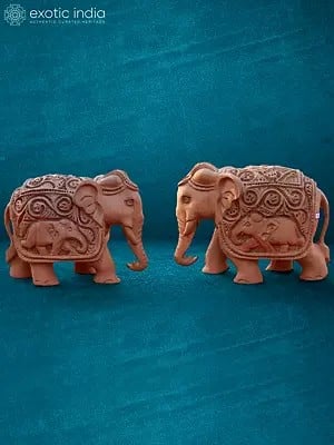 4” Pair Of Elephant In Wood | Handmade | Wooden Statue