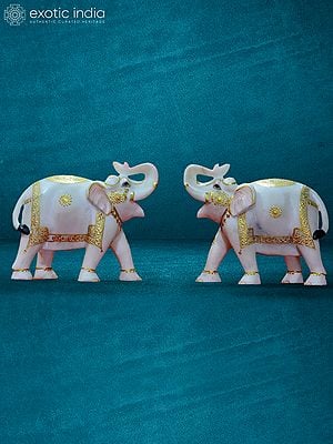 9” Pair Of Elephant Statue In White Marble | Handmade Statue