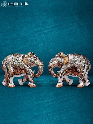 10” Meenakari Elephant Statue In White Marble | Handmade