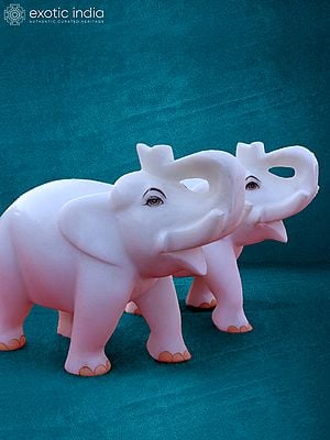 9" Pair Of Elephant In White Makrana Marble | Handmade Statue