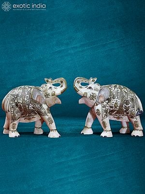 10” Pair Of Elephant Statue In White Marble | Handmade Statue