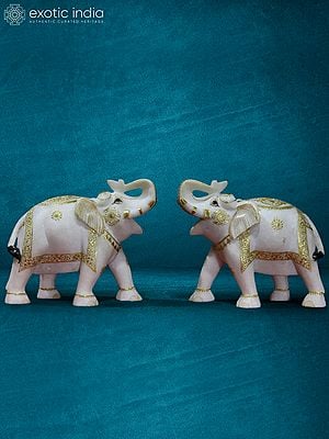 10” Pair Of Elephant Statue In White Makrana Marble | Handmade Statue