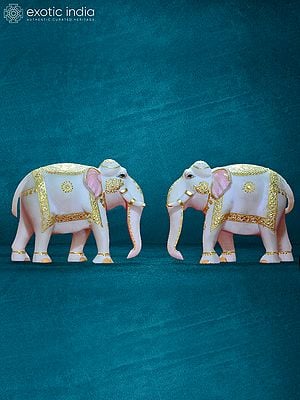 10” Pair Of Elephant In White Makrana Marble | Handmade Statue