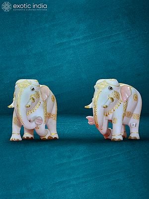 7” Pair Of Elephant In White Marble | Handmade Statue