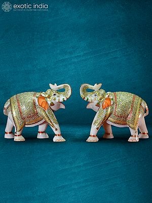 13” Pair Of Meenakari Elephant In White Marble | Handmade Statue