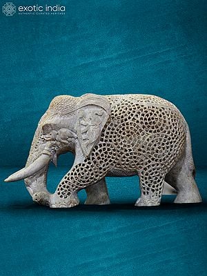 9” Elephant Jali Statue In Stone | Handmade | Stone Statue