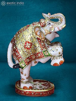 10” Meenakari Elephant Statue In White Marble | Handmade Statue