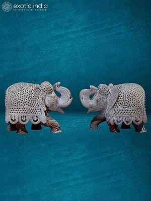 4” Pair Of Elephant Jali Statue In Stone | Handmade | Stone Statue