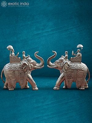 41” Pair Of Silver Elephant In Wooden & Silver Metal | Handmade Statue