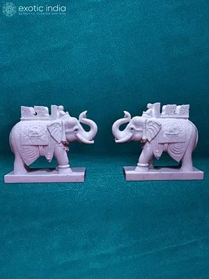 30” Pair Of Elephant Statue In White Makarana Marble | Handmade