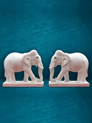 24” Pair Of Elephant In White Makrana Marble | Handmade Statue