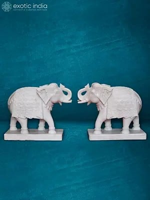 18” Pair Of Elephant In White Makarana Marble | Handmade Marble Statue