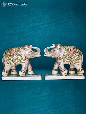 24” Pair Of Elephant In White Makrana Marble | Handmade Statue