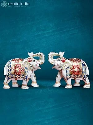 10” Pair Of Meenakari Elephant Statue In White marble | Handmade Statue