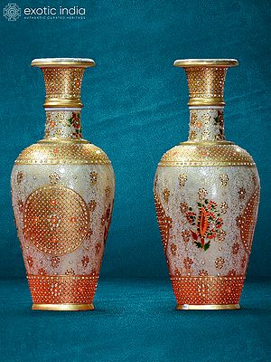 21” Pair Of Meenakari White Marble Flower Vase | Home Décor | Handmade