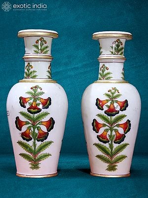 14” Pair Of Floral Paint White Marble Flower Vase | Home Décor | Handmade