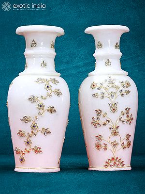 9” Pair Of White Makrana Marble Flower Vase | Home Décor | Stone Work | Handmade