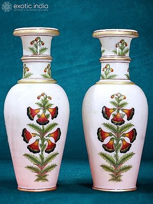 12” Pair Of Floral Paint White Marble Flower Vase | Home Décor | Handmade