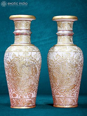 12” Pair Of Designer White Marble Flower Vase | Home Décor | Handmade