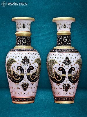 14” Pair Of Peacock Design White Marble Flower Vase | Handmade | Home Décor