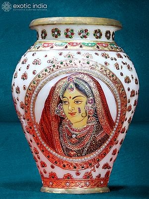 14” Rajasthani Figure Design White Marble Vase | Handmade | Home Décor