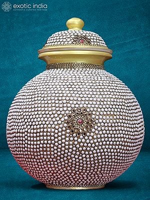 14” Pearl Work White Marble Pot | Handmade | Stone Work | Home Décor