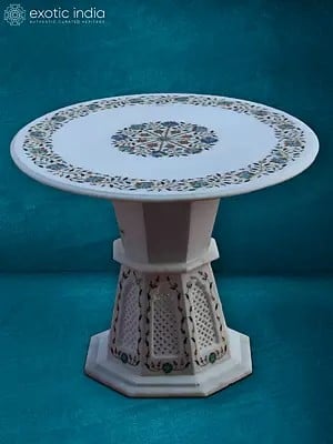 18” Inlay Stand In White Makrana Marble | Handmade Round Table | Home Décor