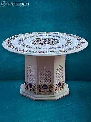 18” Inlay Jali Stand In White Makrana Marble | Handmade Designer Round Table | Home Décor