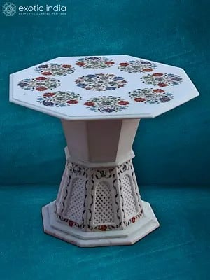 19” Inlay Stand In White Makrana Marble | Handmade Designer Round Table | Home Décor