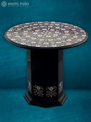 29” Inlay Stand In Kaddpa Black Marble | Handmade Designer Round Table | Home Décor