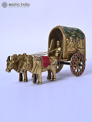 7" Brass Bullock Cart with Ganesha - Lakshmi Carving | Table Decor