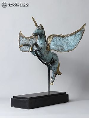 21" Brass Unicorn Statue on Wood Stand | Decorative Showpiece | from Indonesia