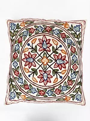 Ivory Canvas Cushion Cover from Kashmirwith Chain-Stitched Flowers