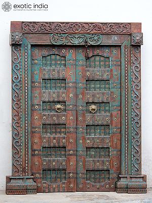 84" Large Traditional Designer Wood Door With Frame And Iron Knock | Wood Door