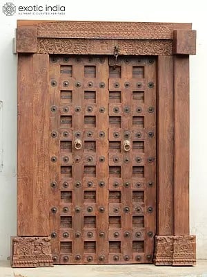 85" Large Square Design Indian Wood Door With Carving On The Top | Wood Door