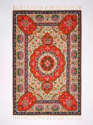 Multicolor Kashmiri Carpet with Chain Stitched Aari Embroidered Flowers