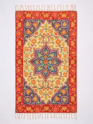 Tri-Color Floral Chain Stitched Aari Embroidered Carpet with Tassels from Kashmir