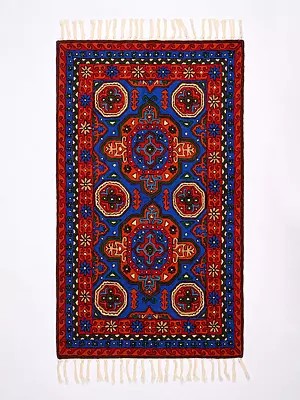 Blue and Red Persian Motifs Kashmiri Carpet with Chain Stitched Thread Embroidery