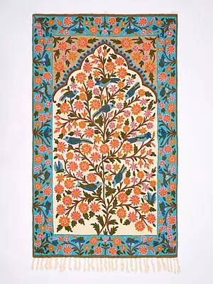 Blue and Yellow Wall-Hanging cum Carpet from Kashmir with Multicolor Thread Embroidered Sparrows and Flowers