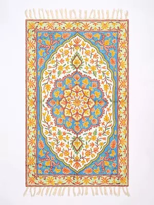 Multicolor Kashmiri Carpet with All-Over Intricate Aari Embroidered Flowers