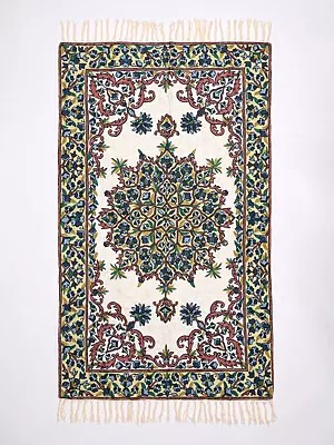 Green and White Carpet with Silk Thread Embroidered Flowers from Kashmir