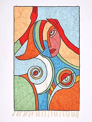 Tri-Color Modern Art Wall-Hanging cum Carpet from Kashmir with Chain stitch Embroidery