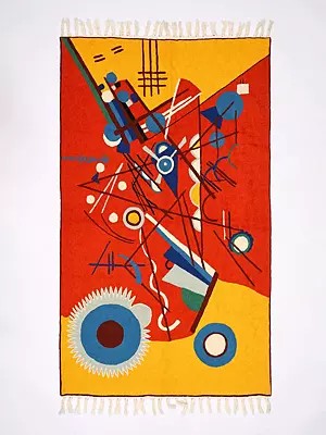 Red and Yellow Modern Art Kashmiri Carpet with Aari Embroidered Abstract Patterns