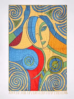 Rainbow Wall-Hanging cum Carpet with Aari Embroidered Picasso Inspired Female Portrait from Kashmir